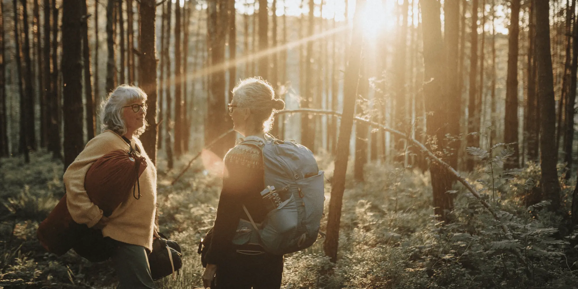 Två kvinnor med ryggsäckar och packning står i en solbelyst skog och samtalar under en vandring